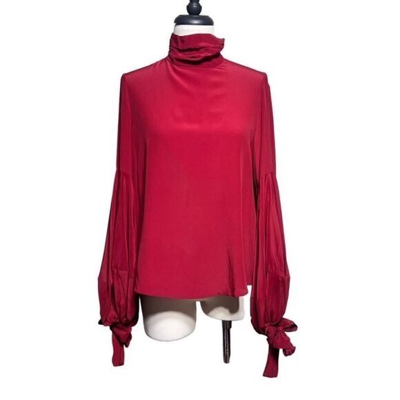 MNG Suit Red Sexy Moc Turtleneck Balloon Sleeve Silk Blouse  Size 4 - Picture 1 of 5